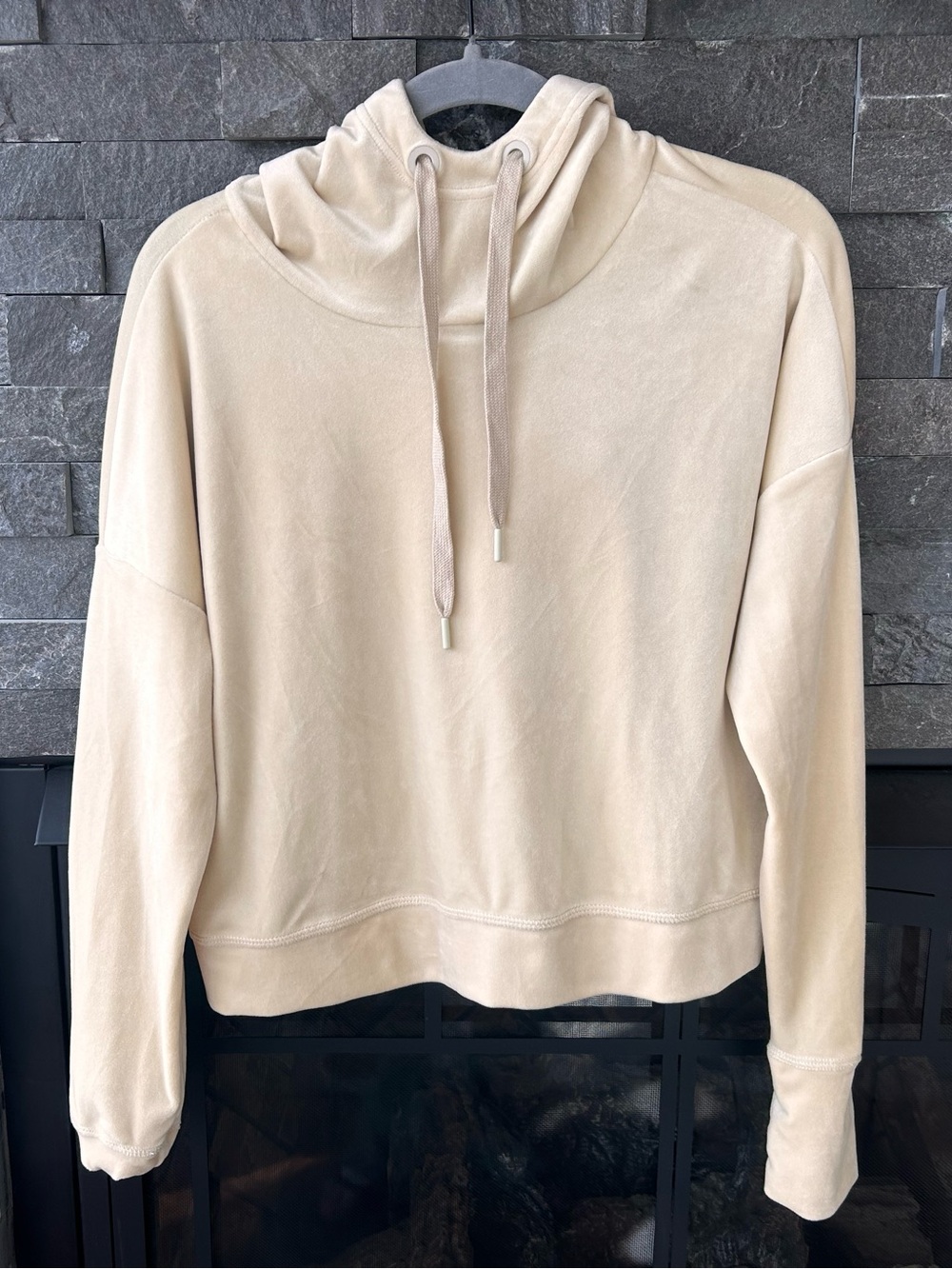 Aerie Cream Velour Cropped Cowl Neck Hoodie